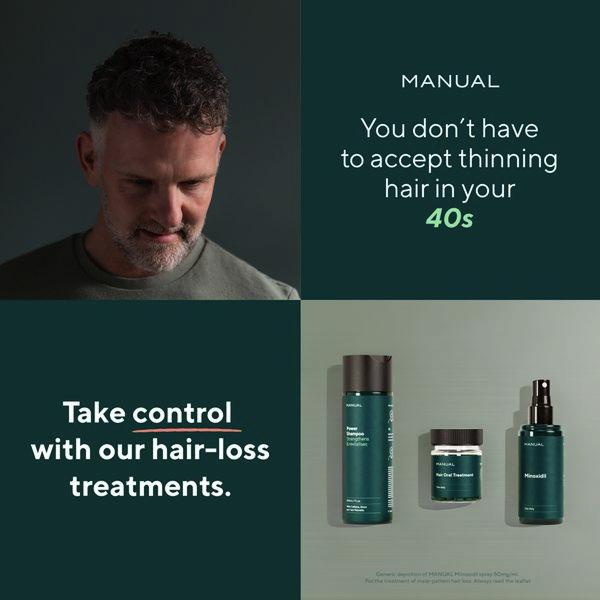 A square split-layout ad featuring a concerned man on the left and a clean, branded set of hair-loss products on the right with direct, benefit-focused text.