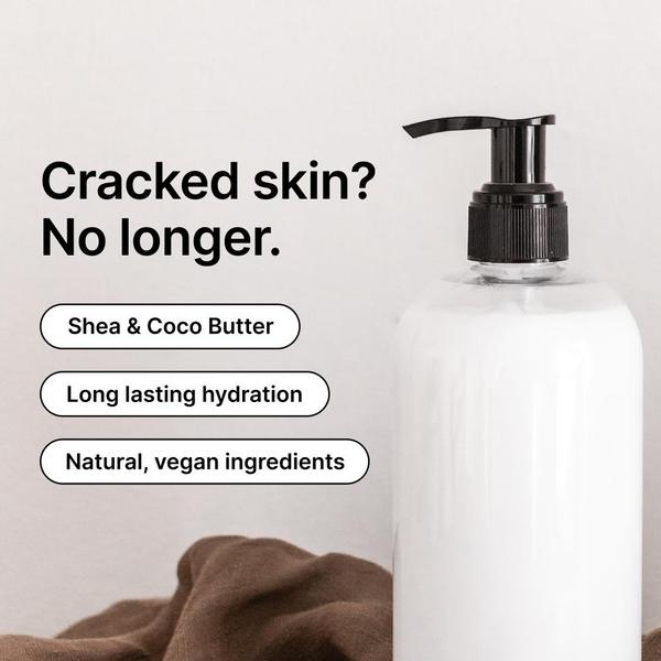 A minimalist, high-contrast ad featuring a bottle of body lotion that directly addresses the user's skin concerns using a clear, benefit-driven list.