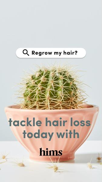 A clever, minimalist 9:16 ad featuring a cactus in a pink bowl with a search bar hook asking about hair regrowth.