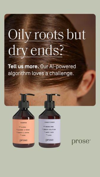 A minimalist, problem-led hair care ad featuring two custom shampoo and conditioner bottles against a muted, professional background.