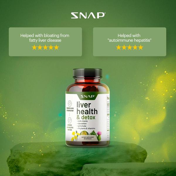 A square-format static ad highlighting customer testimonials displayed as five-star ratings above a prominent product shot of liver detox capsules.