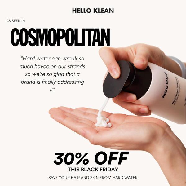 A clean, square-format ad featuring a hand-pumped hair conditioner product, highlighting a press endorsement and a seasonal 30% off offer.