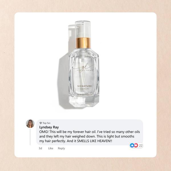 A square ad creative featuring a bottle of hair serum paired with a screenshot of a high-engagement social media testimonial.
