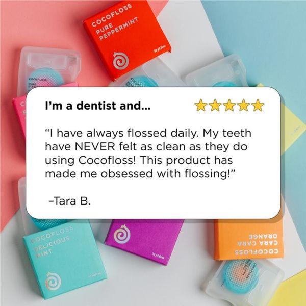 A square ad creative featuring a 5-star review from a dentist praising the effectiveness of the product with the brand's colorful product boxes in the background.