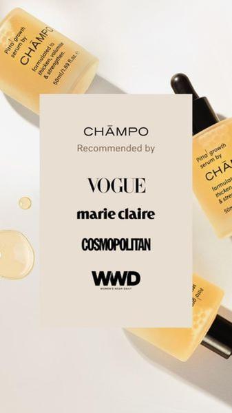 A minimalist, high-trust ad creative for a hair growth serum featuring logos from top fashion and beauty publications.