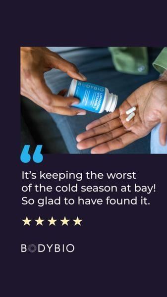 A mobile-first testimonial ad featuring a user holding a bottle of Liposomal Vitamin C with a social proof quote overlay.