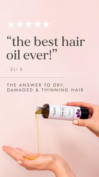 A vertical social media ad featuring a five-star review and a clear product demonstration of hair oil being poured into a hand.