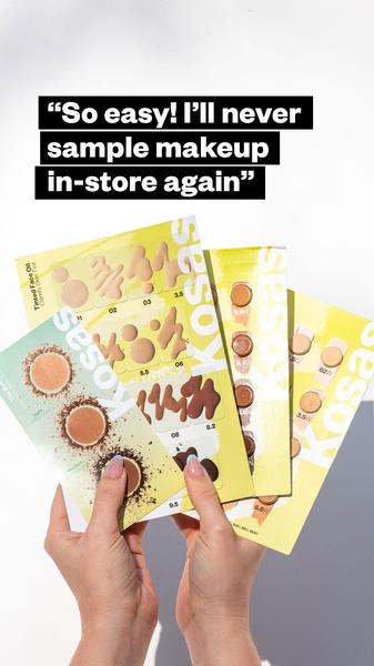 makeup sampler, cosmetic samples, beauty samples, makeup trial kit, foundation samples, makeup tester, beauty trial set, social proof, product launch, ugc style, playful, trustworthy, yellow, neutral