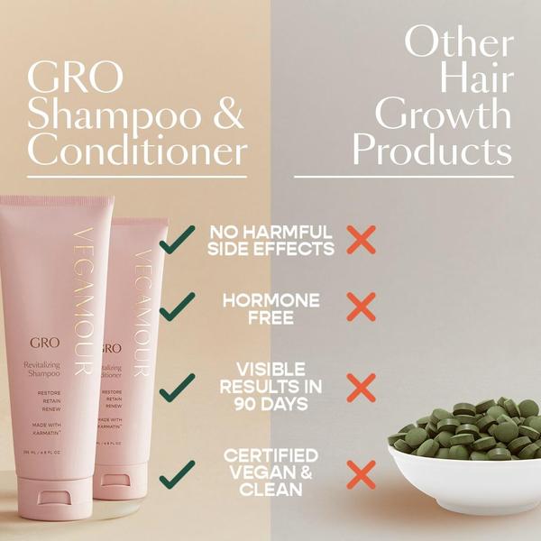 A side-by-side comparison chart contrasting the brand's product benefits against standard hair growth supplement pills.