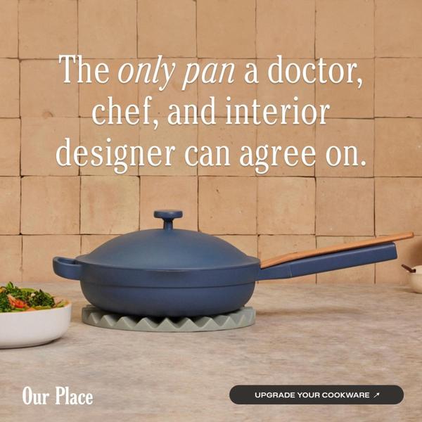 A clean, minimalist 1:1 ad featuring a blue non-stick pan on a neutral tiled background with a strong claim regarding expert consensus.