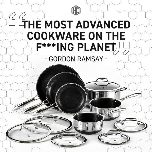 A clean, high-contrast, studio-style product shot featuring a full cookware set and a bold celebrity quote as the primary hook.