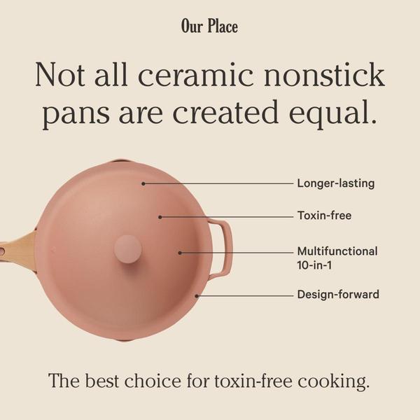 A clean, minimalist 1:1 square ad showcasing a ceramic pan with four clear, benefit-driven callouts identifying its key value propositions.