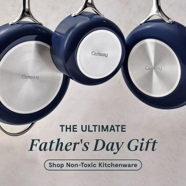 A clean, high-contrast ad featuring three blue non-stick pans suspended against a soft, textured background with seasonal copy.