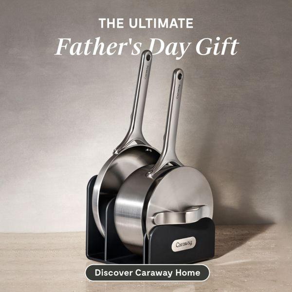 This creative showcases a high-end stainless steel cookware set organized in a compact stand, utilizing a neutral palette to evoke a premium gifting experience.