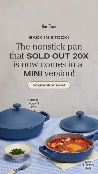 A vertical-format ad featuring the original and mini versions of a popular nonstick pan set against a clean, checkered table background.