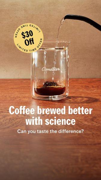 This ad features a glass beaker being filled with liquid, emphasizing a scientific approach to coffee preparation alongside a clear, limited-time discount offer.