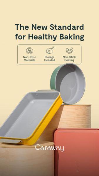 A clean, studio-lit display of non-stick baking pans utilizing a soft color palette to emphasize premium product quality and core benefits.