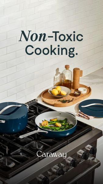 This creative displays a high-end ceramic skillet and cookware set on a stovetop with natural light, emphasizing a clean and non-toxic cooking environment.