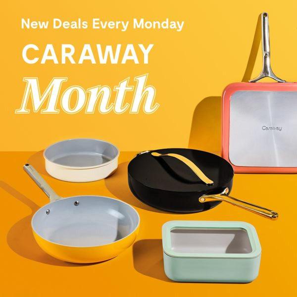 A high-impact, square-formatted advertisement featuring a vibrant yellow background and a curated collection of branded cookware items.