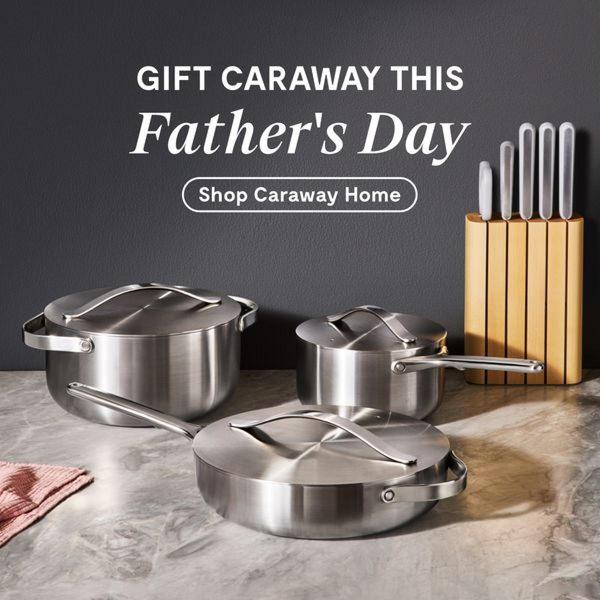 A clean, high-contrast studio shot of a stainless steel cookware set featuring pots and a knife block, designed to promote a holiday-specific offer.