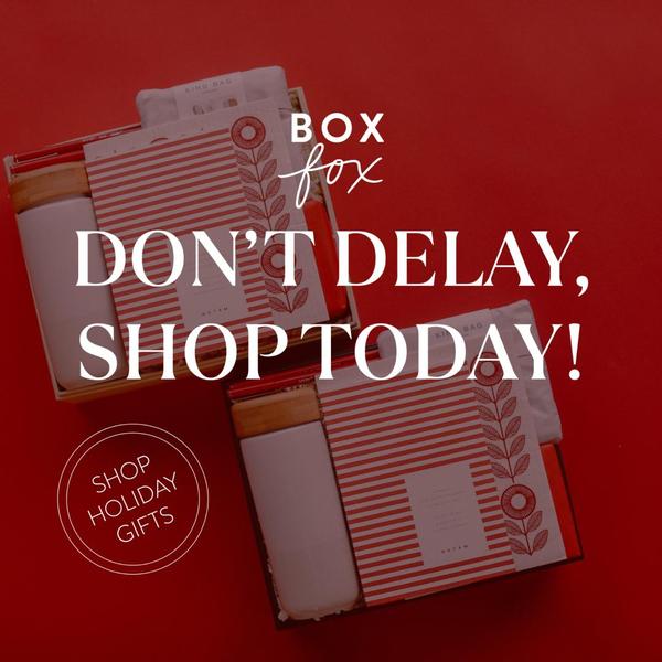 A festive, high-contrast 1:1 image featuring two curated gift boxes with a clear urgency-based call to action for the holiday shopping season.