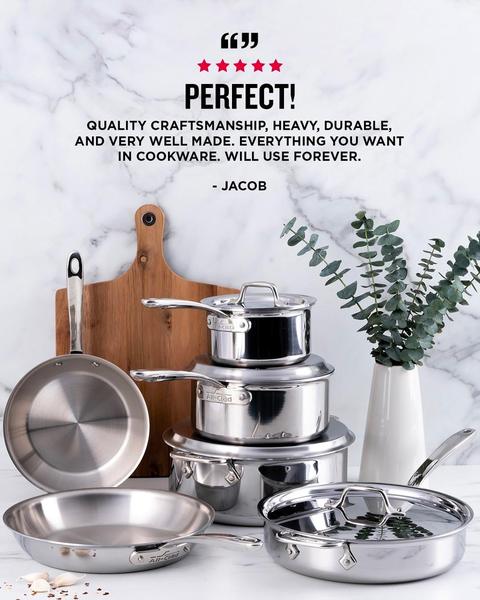 A clean, high-contrast ad featuring a 5-star customer review centered over a professional product shot of stainless steel cookware on a marble surface.