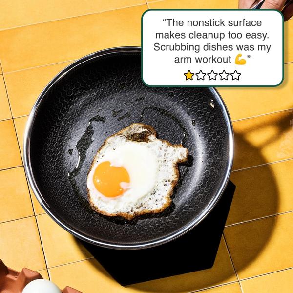 A top-down shot of a freshly cooked egg in a nonstick pan, overlaid with a handwritten-style testimonial about easy cleaning.