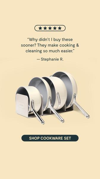 A clean, high-contrast ad featuring a 5-star customer review centered above a nested set of non-stick pans on a neutral background.