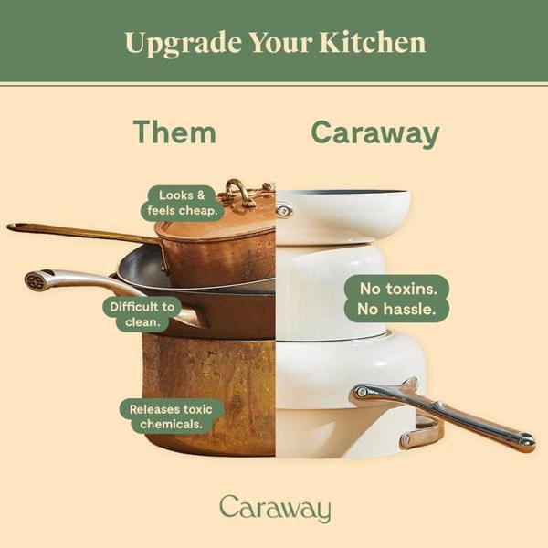 A square-ratio split-screen image contrasting a weathered metal pan with a clean, modern white ceramic cookware set.
