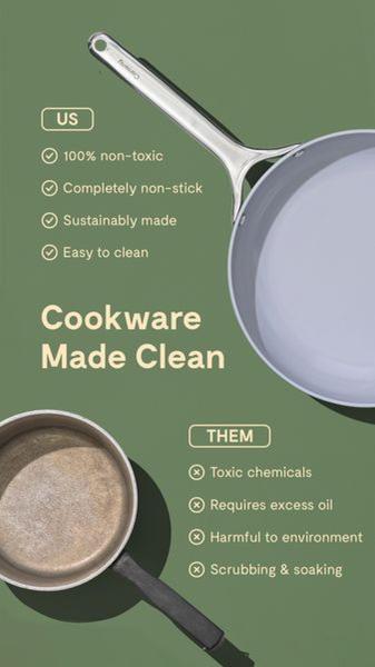 This static 9:16 ad uses a split-list comparison format to highlight the benefits of their non-stick pan versus generic alternatives.