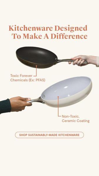 A split-screen style 9:16 vertical creative comparing a traditional toxic pan against a sustainable non-toxic ceramic alternative.