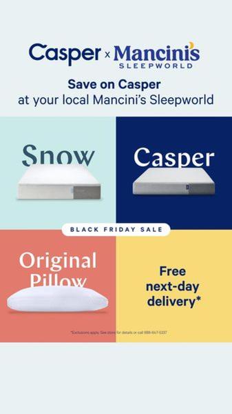A vertical grid-based layout highlighting four different mattress and pillow offers, including free delivery and brand partnership details.