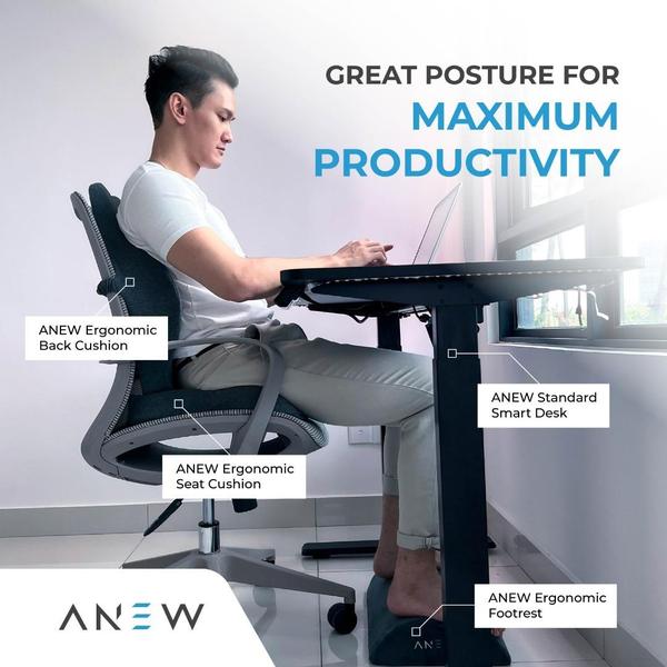 This static 1:1 creative uses clear labels and annotations to demonstrate the ergonomic benefits of a full office setup, emphasizing posture for improved workflow.