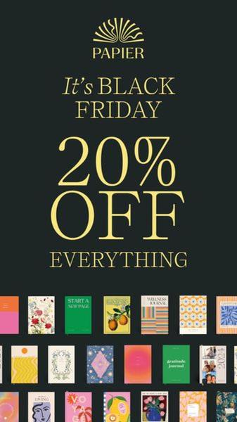 A vertically-oriented promotional creative featuring a bold text-based Black Friday offer overlaying a grid of various colorful journals and planners.