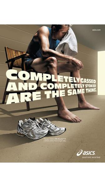 A high-contrast, minimalist advertisement featuring a post-workout runner sitting in a chair with their shoes placed in the foreground.