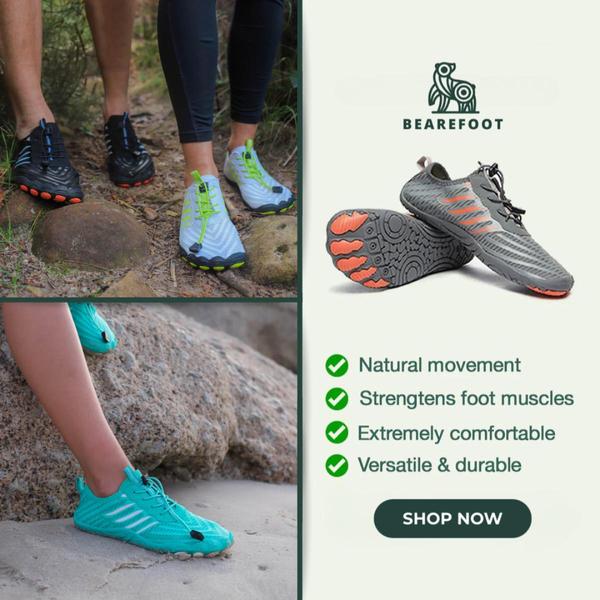 A 1:1 square ad showcasing barefoot hiking shoes through a combination of lifestyle in-use photos and a clear, feature-focused bullet point list.