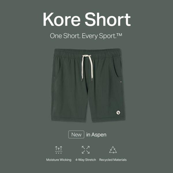 A clean, square-format ad showcasing a pair of performance shorts with clear icons for key product benefits like moisture-wicking and 4-way stretch.