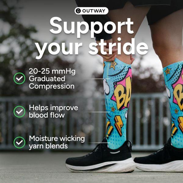 A close-up shot of athletic compression socks featuring a vibrant, comic-book inspired design with clear benefit overlays.