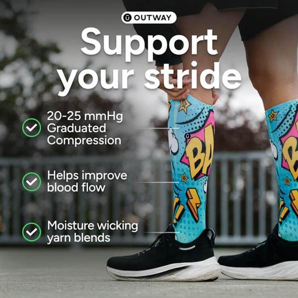A square-format static ad highlighting three core performance benefits of compression socks using clear iconography and a bold product-in-use shot.
