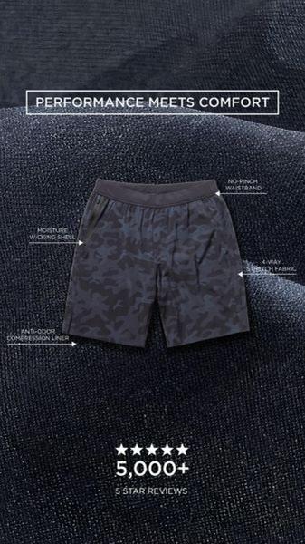 A clean, minimalist 9:16 layout showcasing key product attributes of performance shorts alongside social proof to build immediate brand trust.