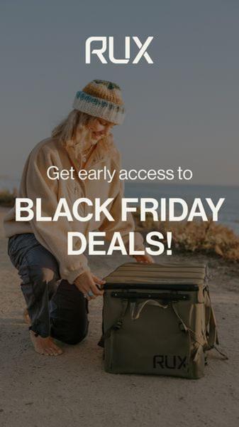 A lifestyle-focused ad featuring a person with a utility cooler, announcing early access to Black Friday deals.