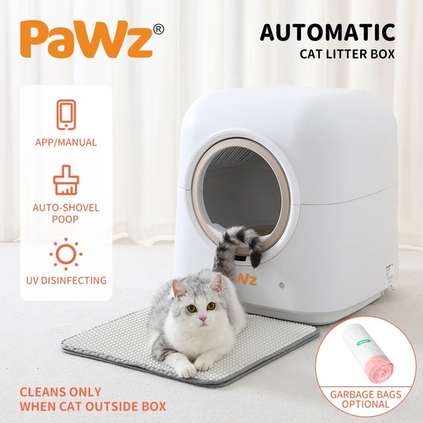 A clean, studio-lit display of an automatic cat litter box, clearly labeling technical benefits alongside the physical product.
