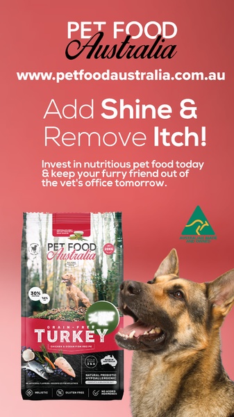 A 9:16 vertical mobile ad featuring a dog food product alongside a German Shepherd, focusing on health benefits like skin and coat improvement.