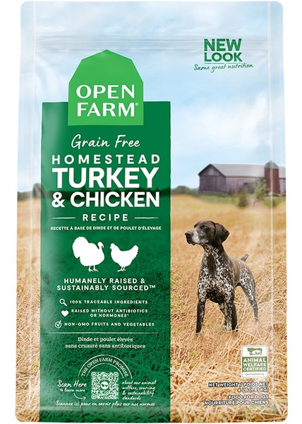 A 3:4 product hero ad featuring a dog in a rural field, highlighting natural ingredients and animal welfare certifications.