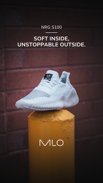 A clean, vertical ad showcasing a single running shoe balanced on a yellow pillar against a brick backdrop, highlighting a sharp, evocative headline.