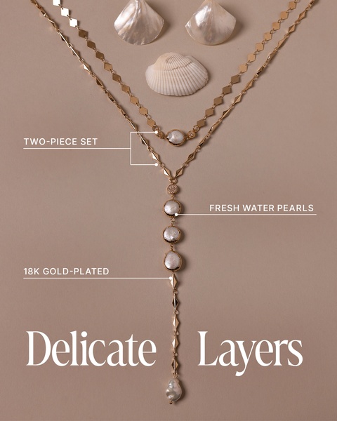 A high-end, clean product flat lay highlighting the components of a two-piece necklace set with descriptive callouts.