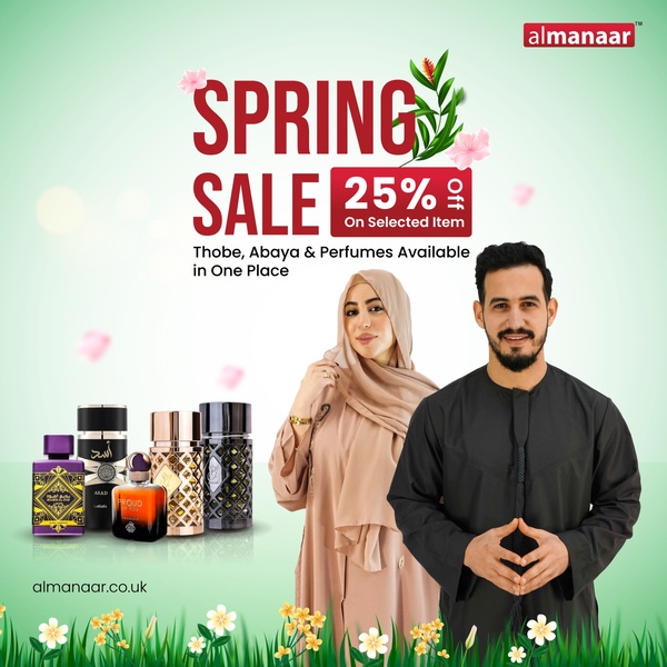mens thobe, womens abaya, perfume bottles, fragrance, traditional clothing, holiday sale, lifestyle, fresh, energetic, green, red, neutral, spring campaign
