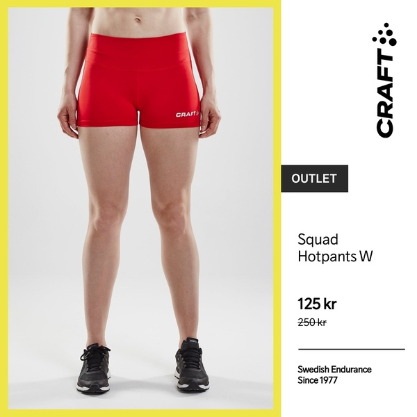 A clean, minimalist 1:1 ad creative highlighting a pair of red Squad Hotpants with clear pricing and brand identity.