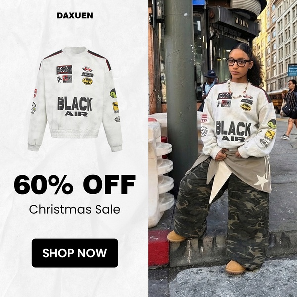 A clean, high-contrast 1:1 ad featuring a standalone sweatshirt on the left and a model wearing the same item on the right to demonstrate fit.