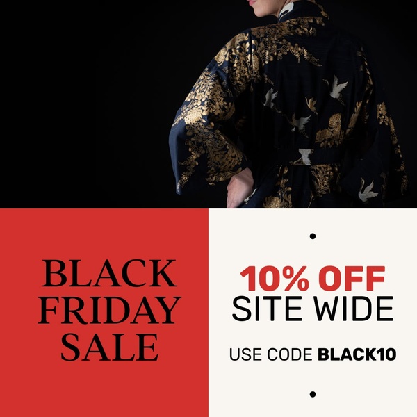 A split-screen creative featuring a luxury robe on the right and bold red-and-white promotional text on the left to announce a storewide sale.